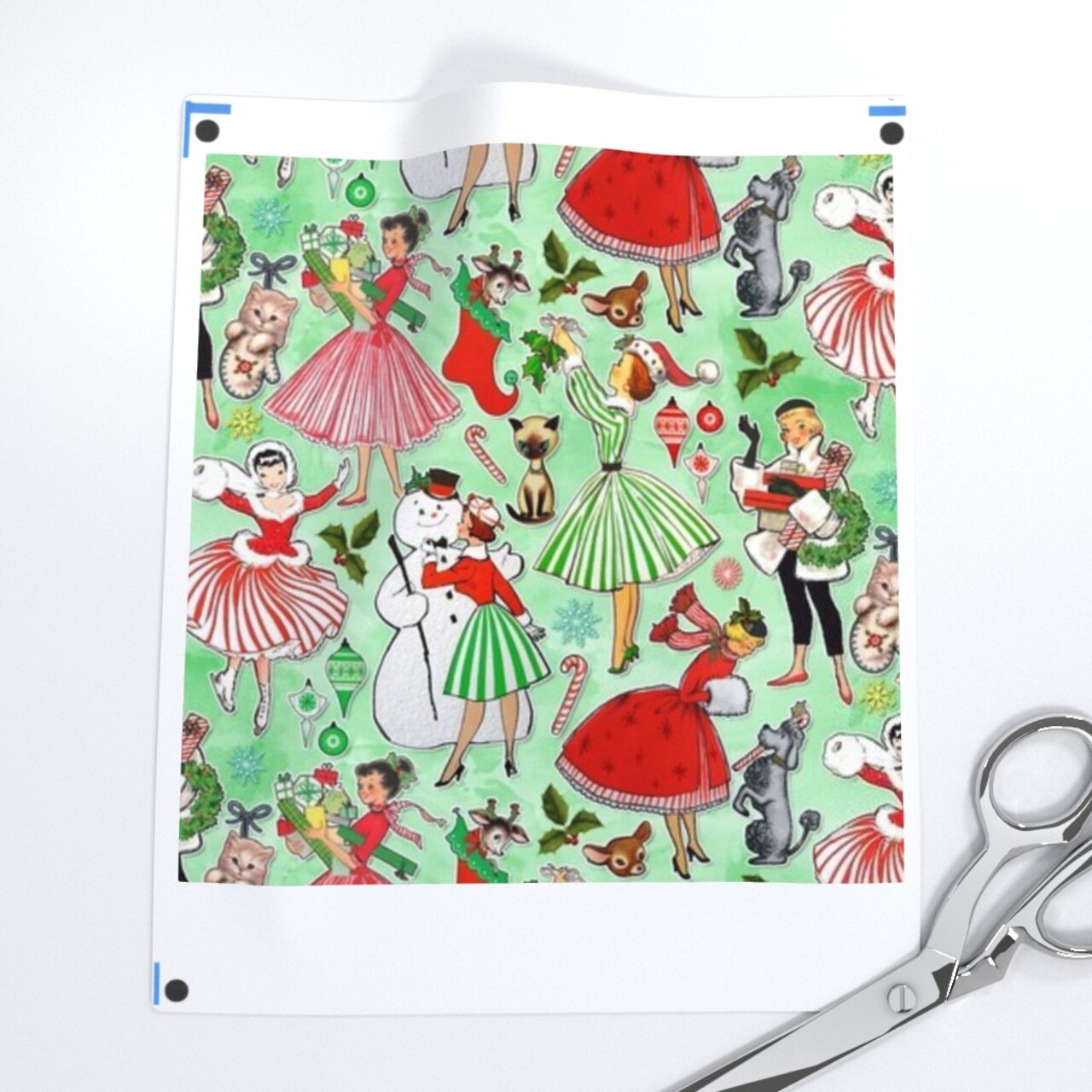 Christmas Pinup 1950S Retro Vintage Snowman Candy Canes Holiday Pin-Up Festive Winter Green Cutouts Custom Printed Fabric by Spoonflower Various Fabrics by the Yard or Fat Quarter